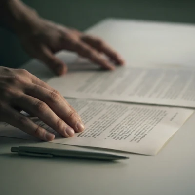 Mãos a folhear um documento sobre a mesa, com uma caneta ao lado