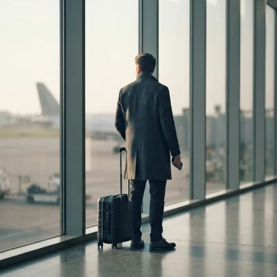 Homem com mala de viagem junto a uma janela de aeroporto, com um avião ao fundo