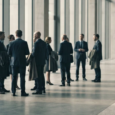 Grupo de profissionais em conversa num átrio corporativo